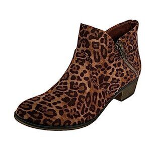 SUN STONE ABBY Women's Ankle Boot Heel Double Zip Booties Brown/Black Leopard